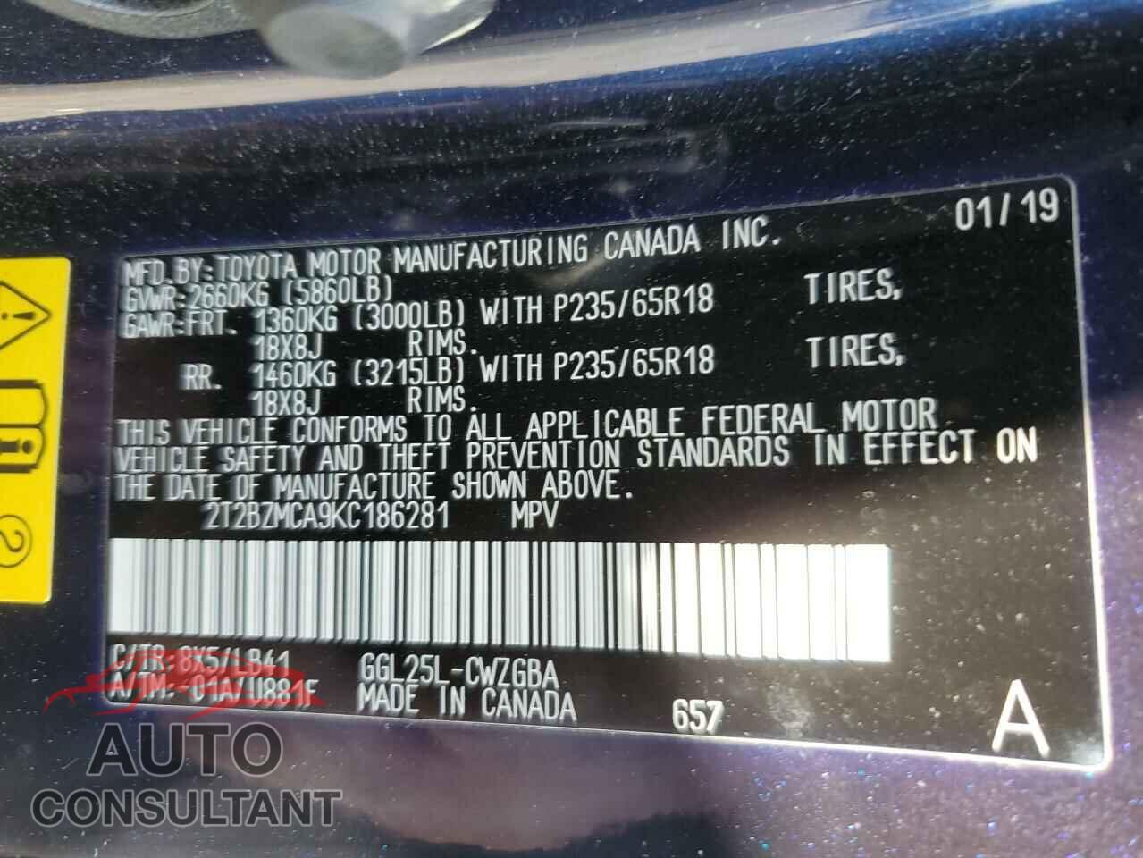LEXUS RX350 2019 - 2T2BZMCA9KC186281