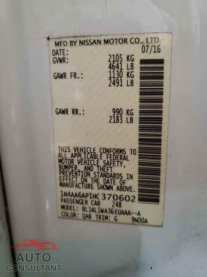 NISSAN MAXIMA 2017 - 1N4AA6AP1HC370602