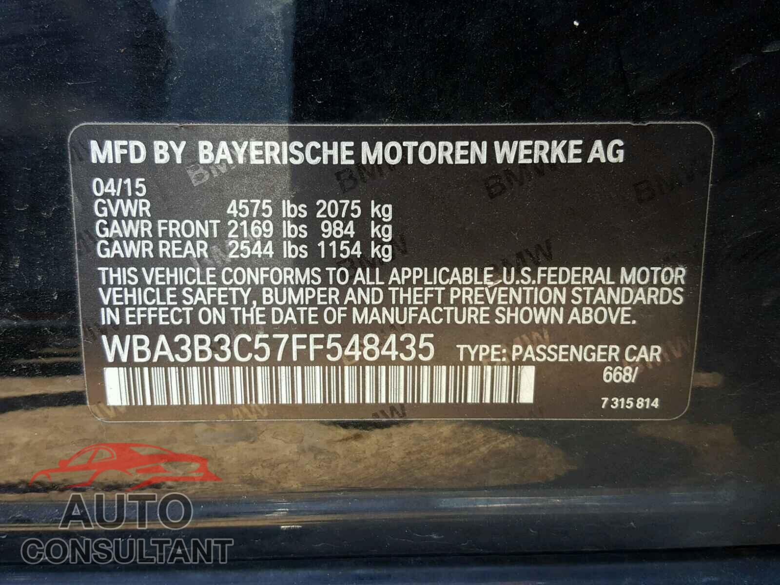 BMW 3 SERIES 2015 - WBA3B3C57FF548435