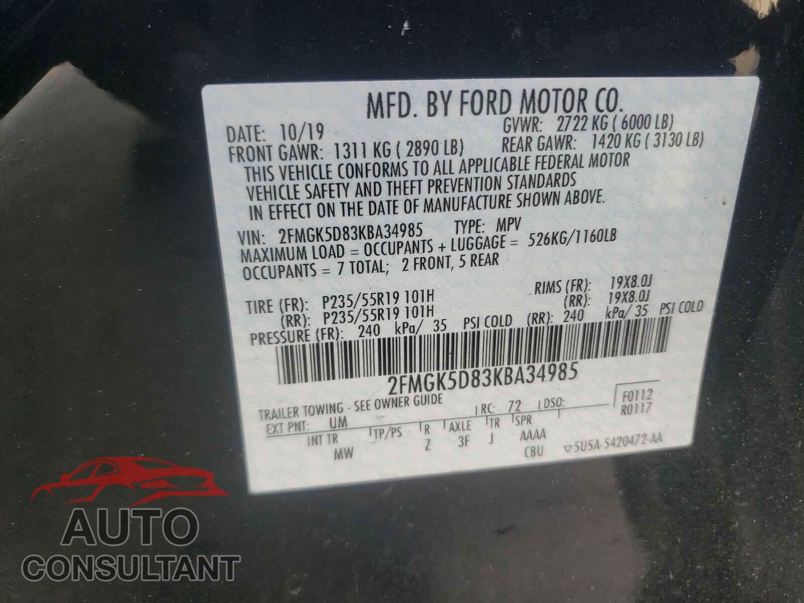 FORD FLEX 2019 - 2FMGK5D83KBA34985