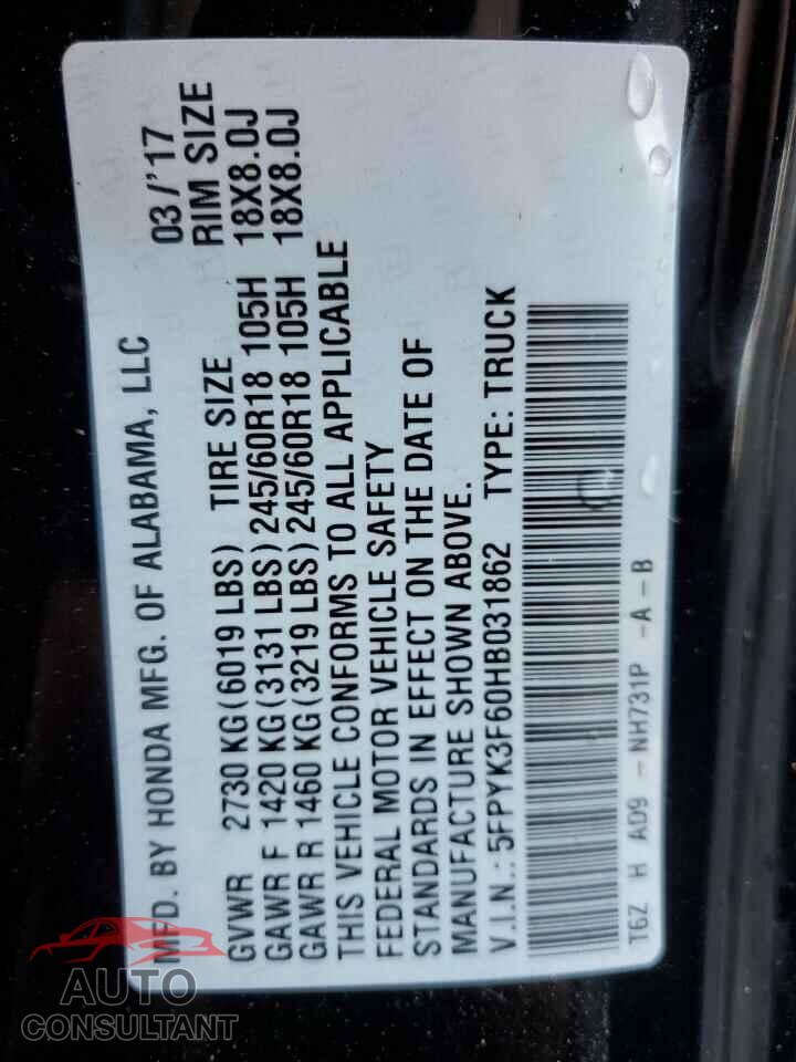 HONDA RIDGELINE 2017 - 5FPYK3F60HB031862