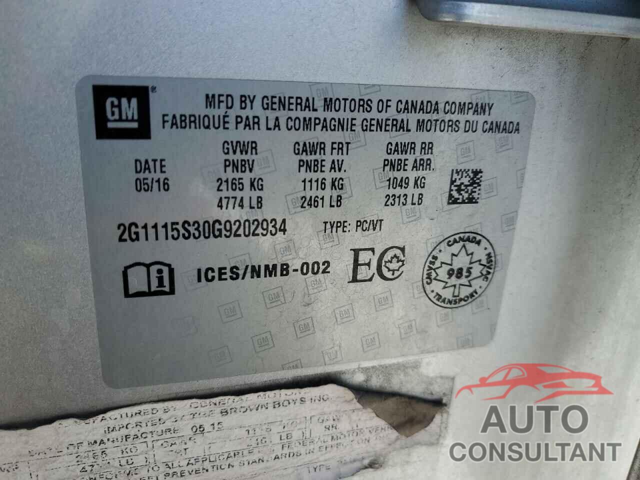 CHEVROLET IMPALA 2016 - 2G1115S30G9202934