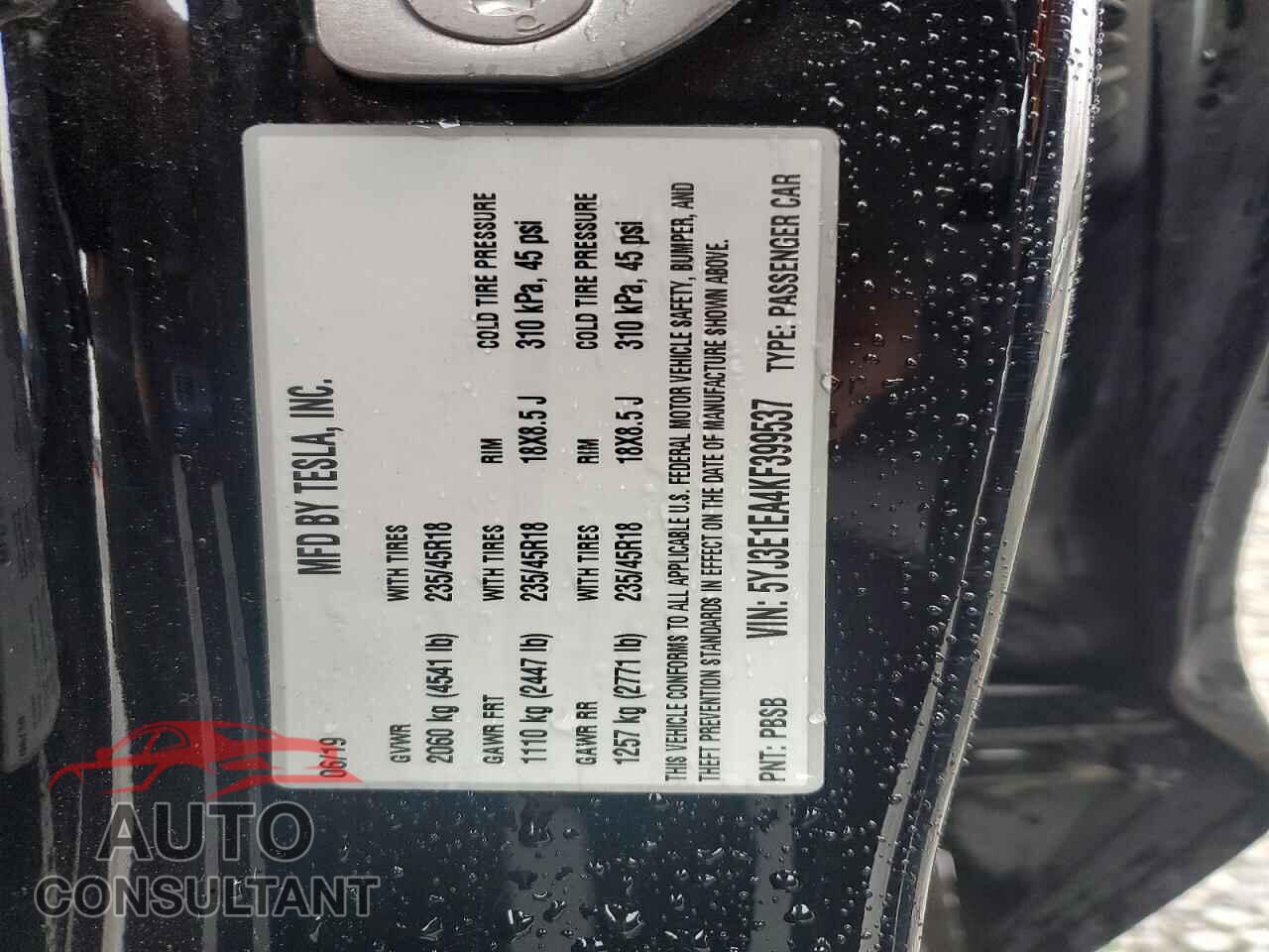 TESLA MODEL 3 2019 - 5YJ3E1EA4KF399537
