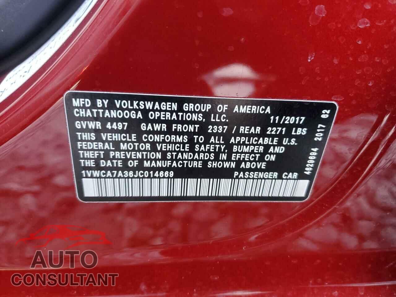 VOLKSWAGEN PASSAT 2018 - 1VWCA7A36JC014669