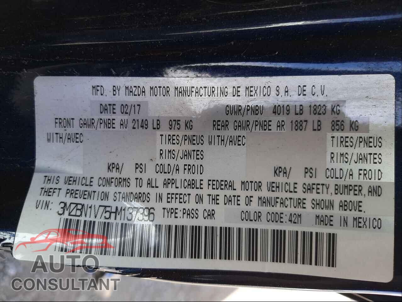 MAZDA 3 2017 - 3MZBN1V75HM137396