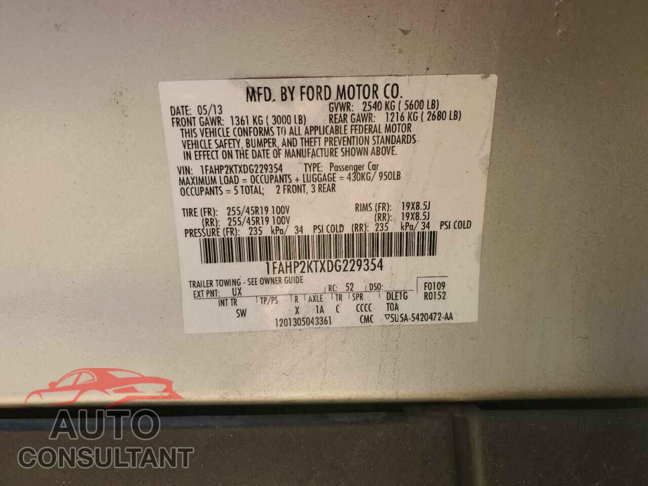 FORD TAURUS 2013 - 1FAHP2KTXDG229354