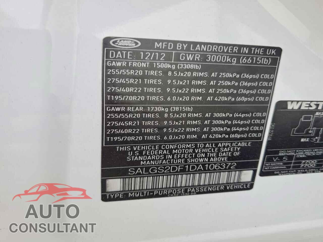 LAND ROVER RANGEROVER 2013 - SALGS2DF1DA106372