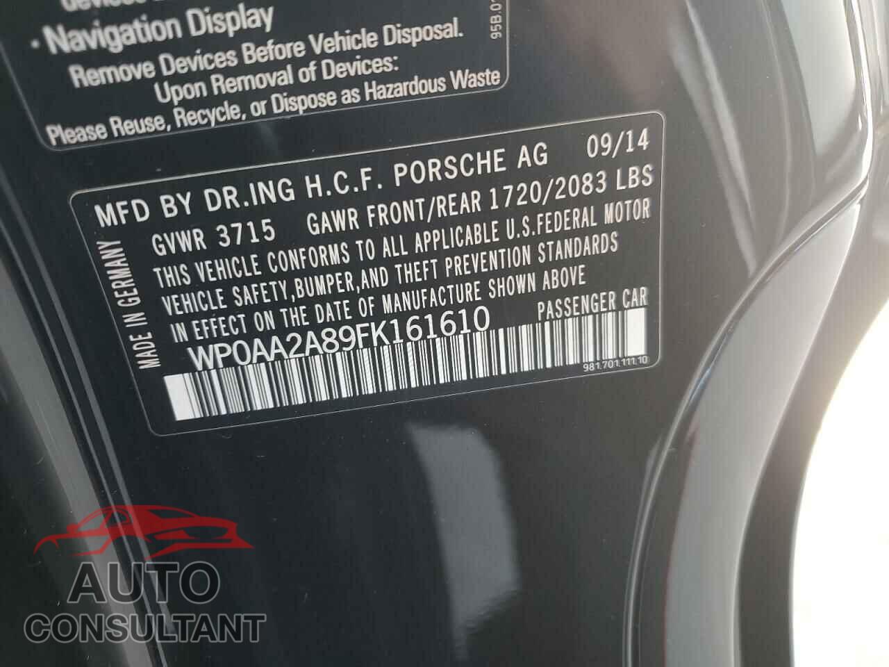 PORSCHE CAYMAN 2015 - WP0AA2A89FK161610