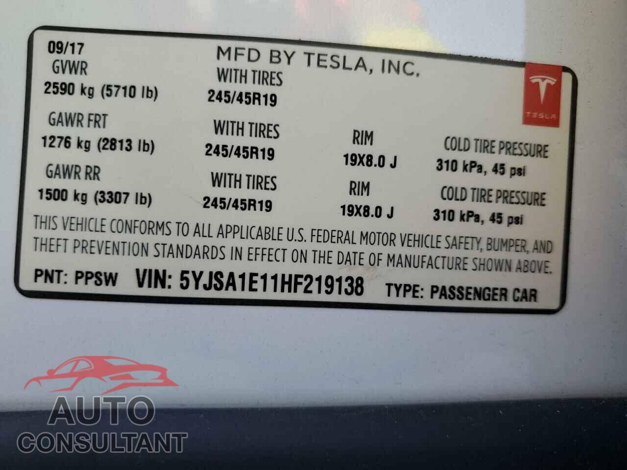 TESLA MODEL S 2017 - 5YJSA1E11HF219138