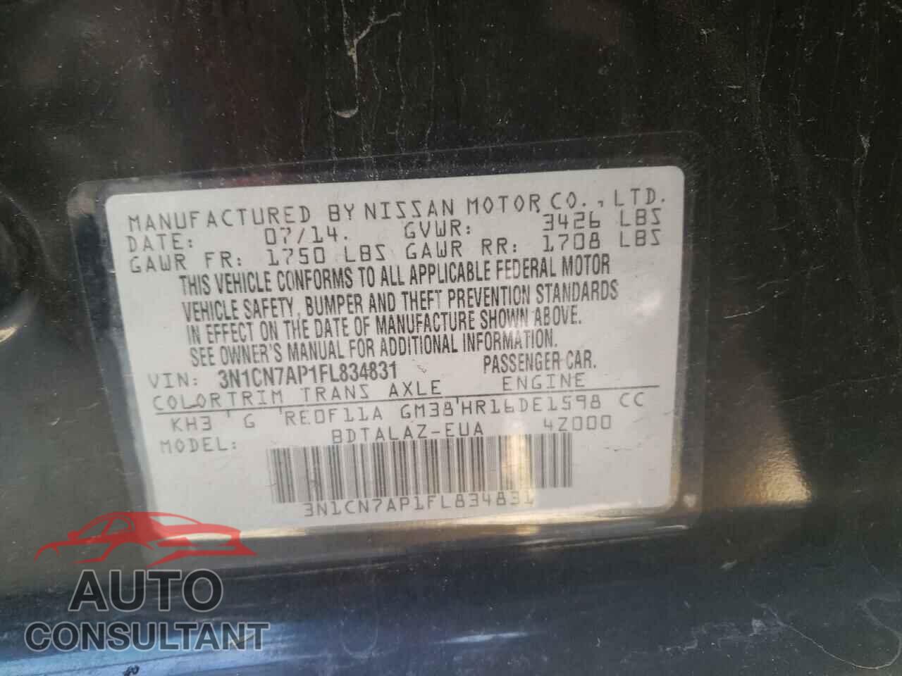 NISSAN VERSA 2015 - 3N1CN7AP1FL834831