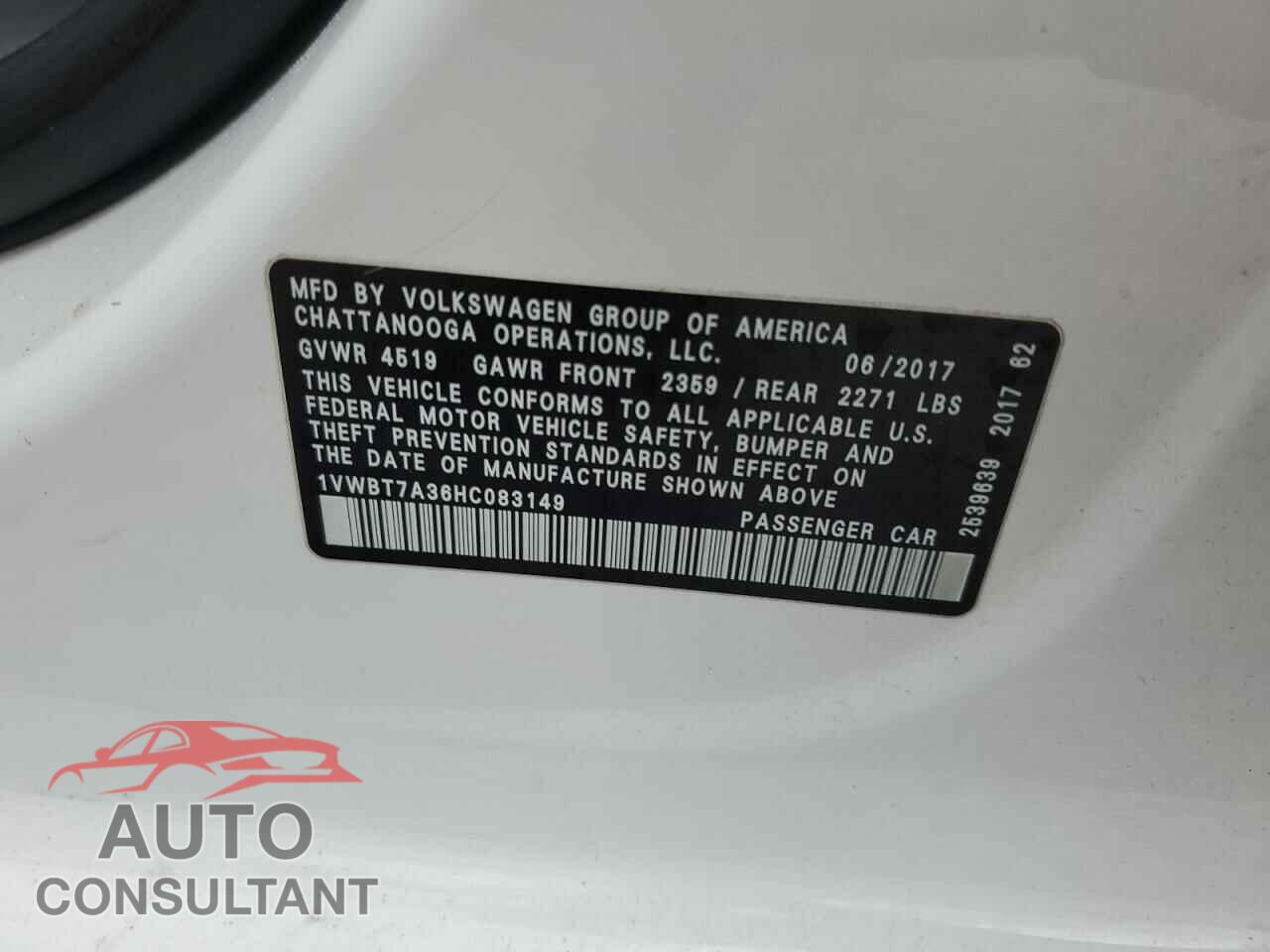 VOLKSWAGEN PASSAT 2017 - 1VWBT7A36HC083149