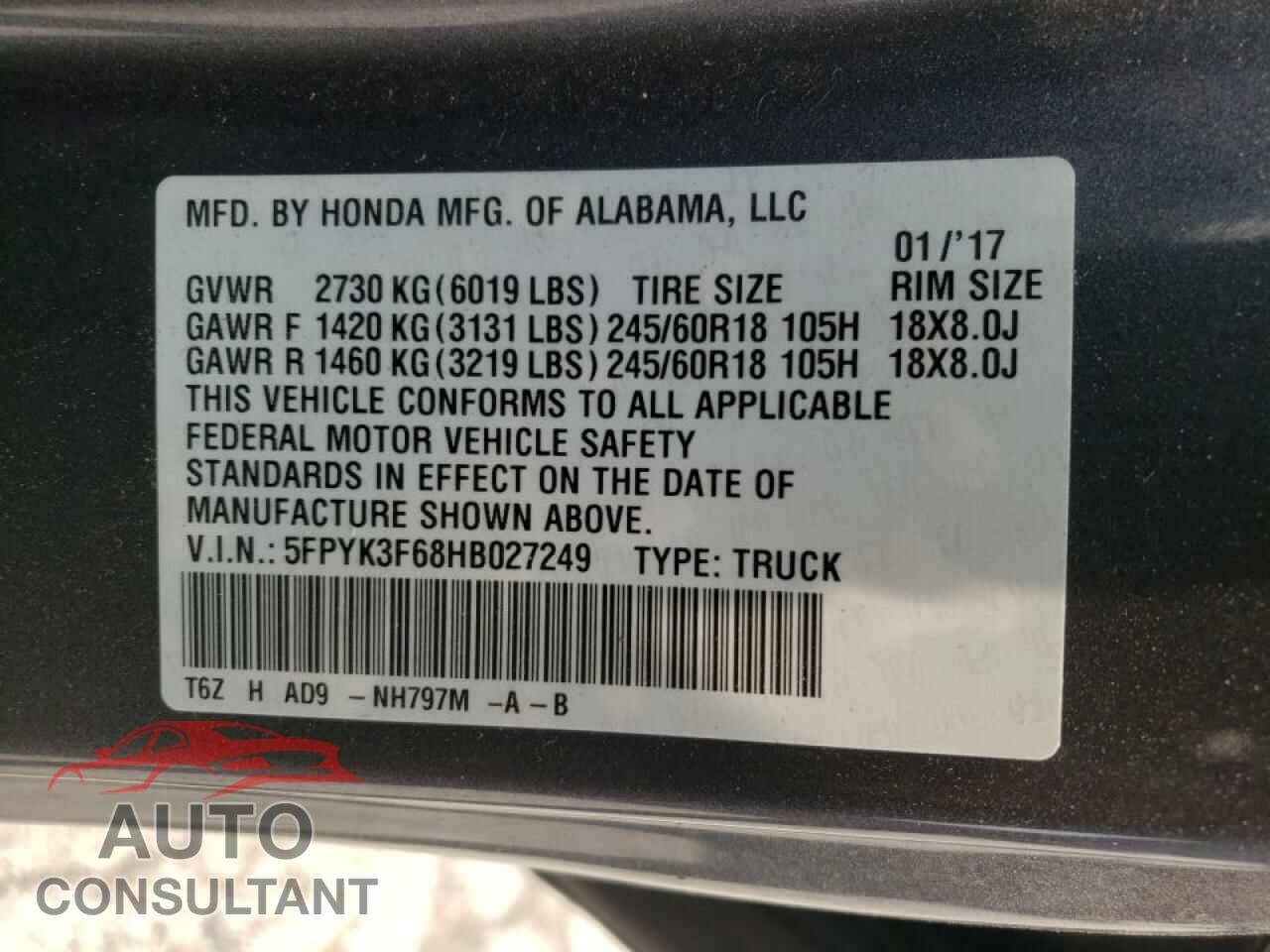 HONDA RIDGELINE 2017 - 5FPYK3F68HB027249