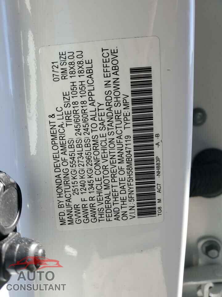 HONDA PILOT 2021 - 5FNYF5H58MB047119