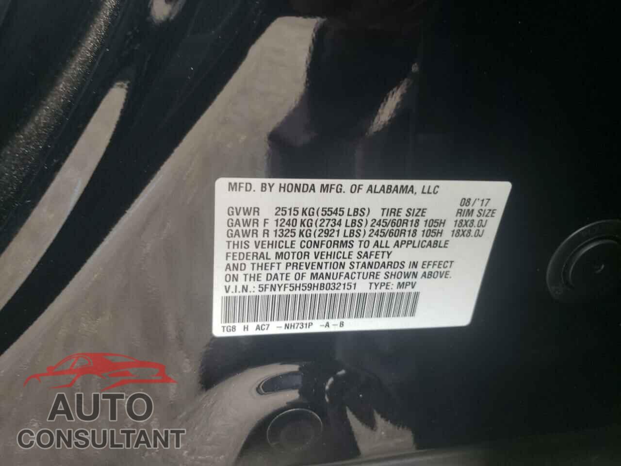 HONDA PILOT 2017 - 5FNYF5H59HB032151