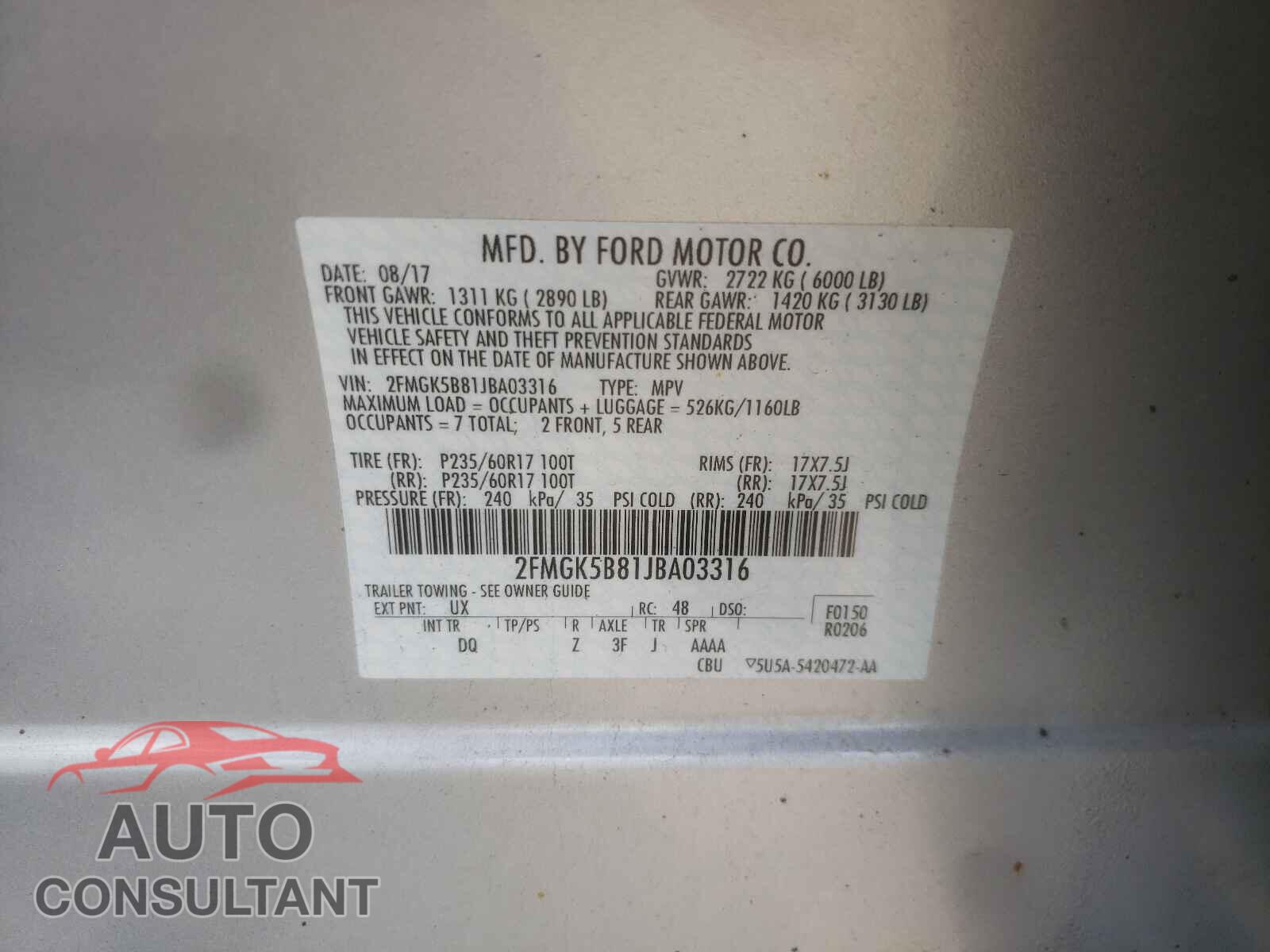 FORD FLEX 2018 - 2FMGK5B81JBA03316