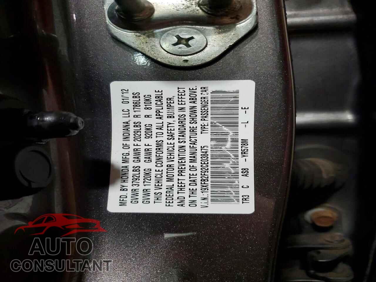 HONDA CIVIC 2012 - 19XFB2F92CE038475