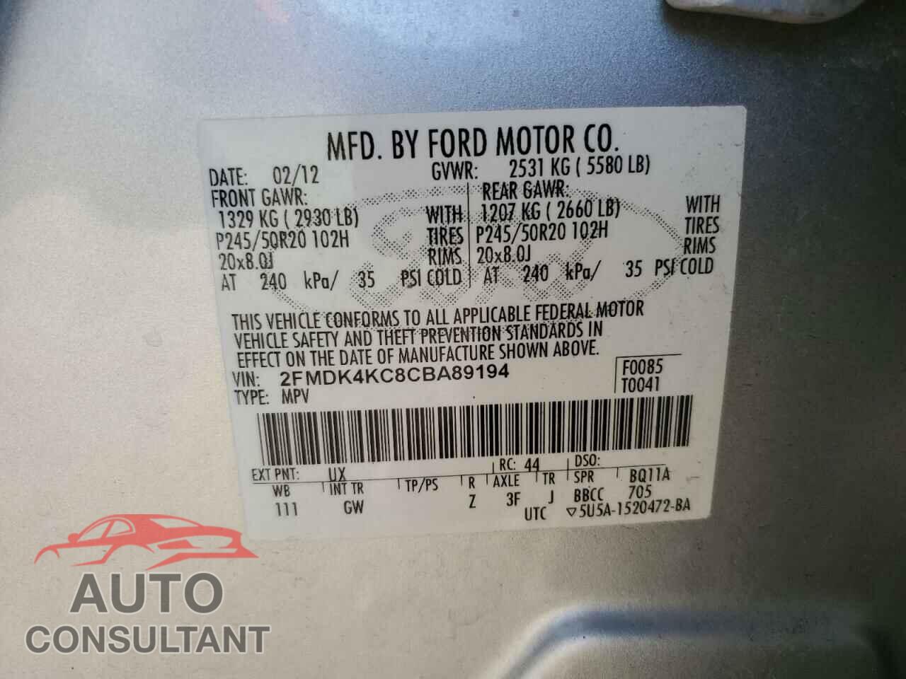 FORD EDGE 2012 - 2FMDK4KC8CBA89194