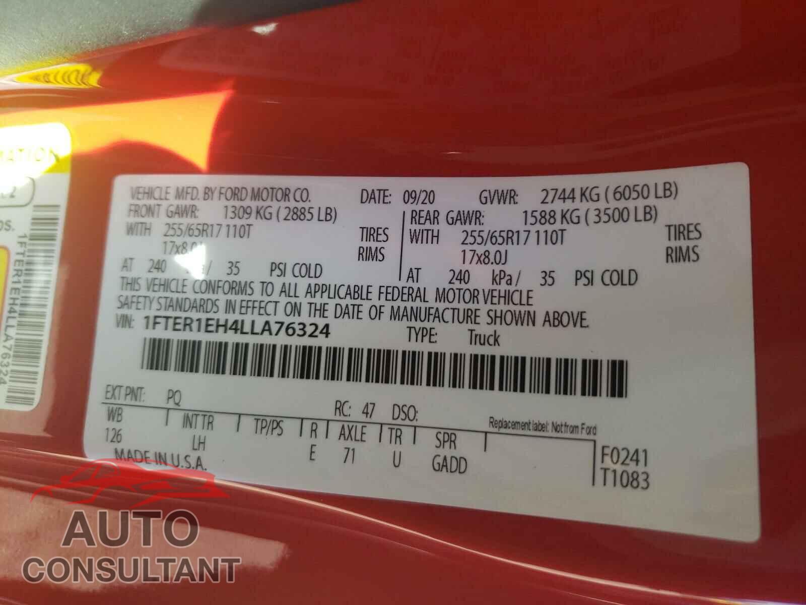 FORD RANGER 2020 - 1FTER1EH4LLA76324