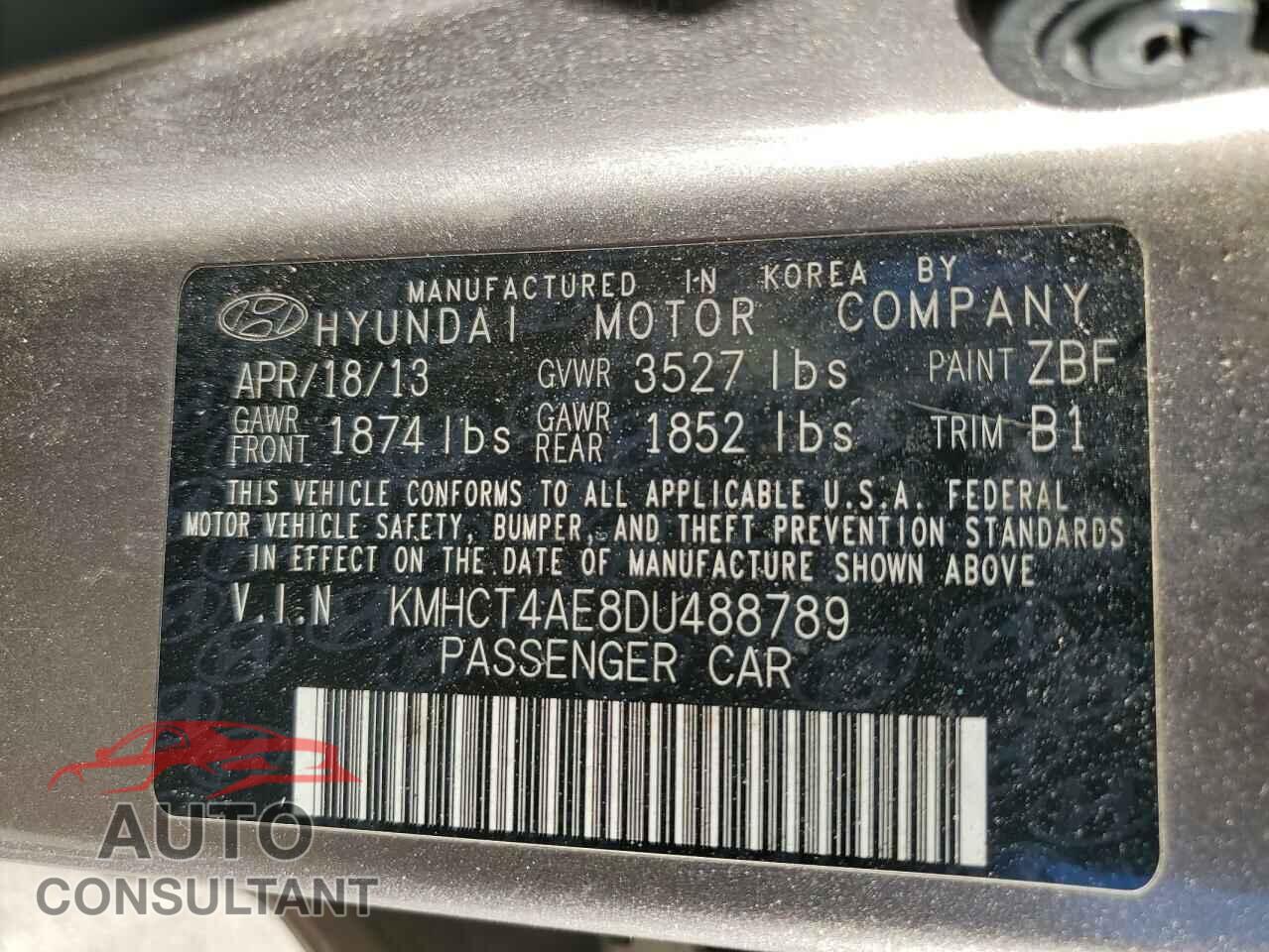HYUNDAI ACCENT 2013 - KMHCT4AE8DU488789