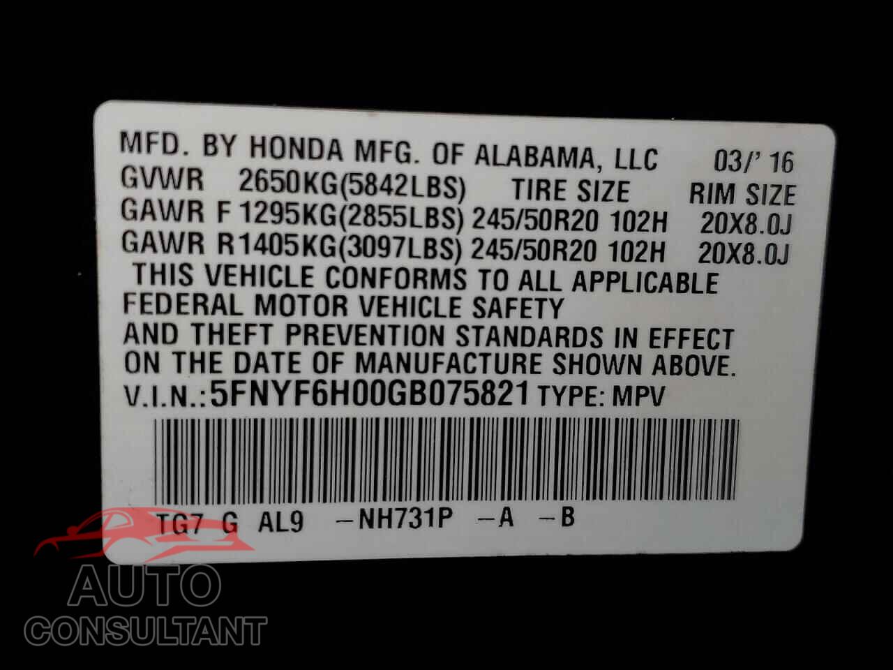 HONDA PILOT 2016 - 5FNYF6H00GB075821