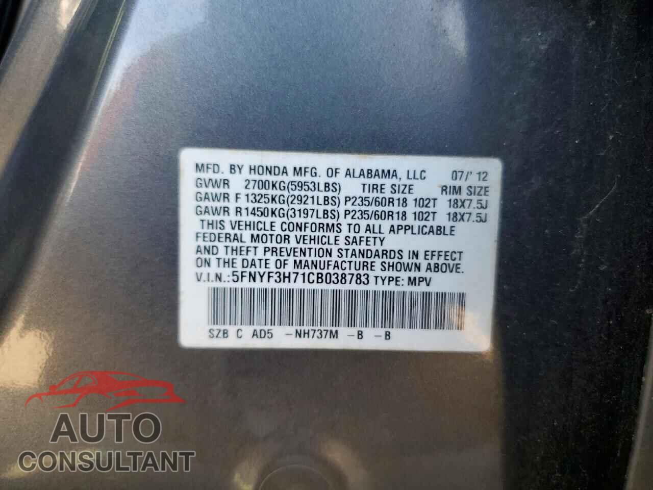 HONDA PILOT 2012 - 5FNYF3H71CB038783