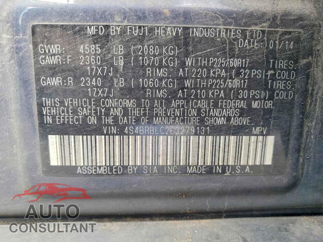 SUBARU OUTBACK 2014 - 4S4BRBLC2E3279131