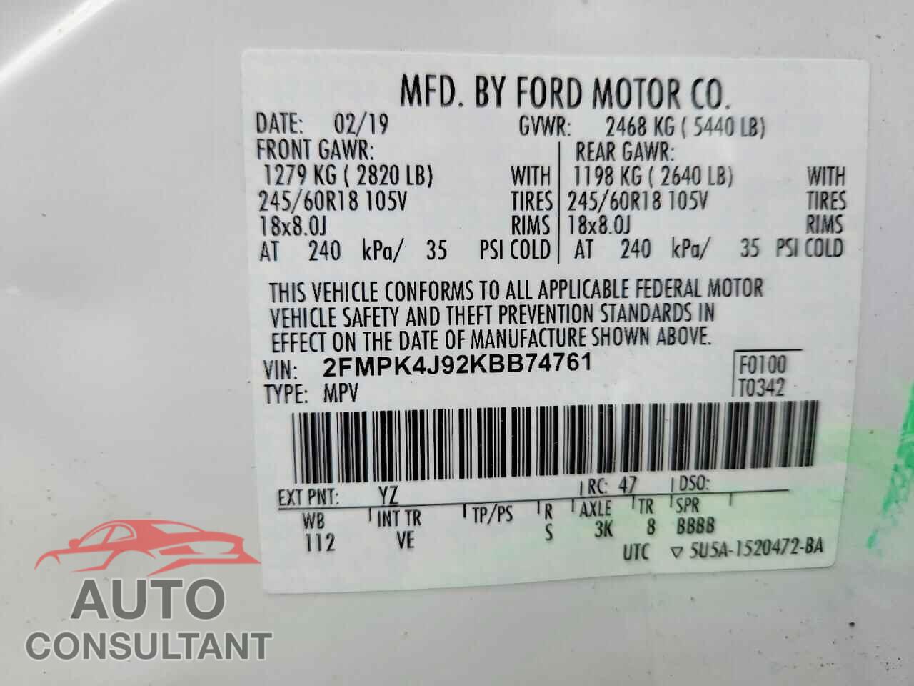 FORD EDGE 2019 - 2FMPK4J92KBB74761