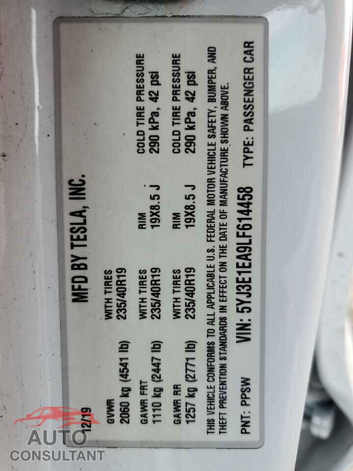 TESLA MODEL 3 2020 - 5YJ3E1EA9LF614458