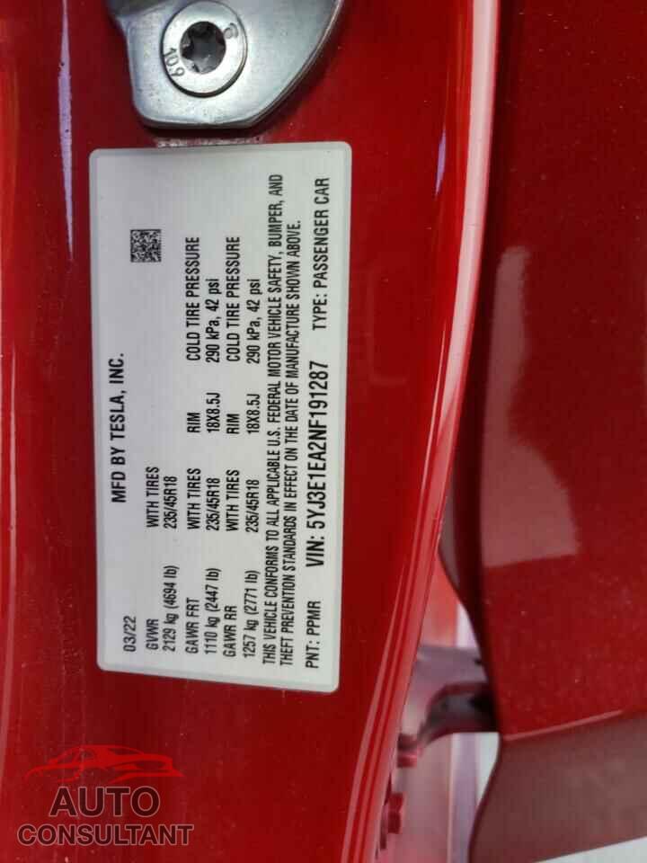 TESLA MODEL 3 2022 - 5YJ3E1EA2NF191287