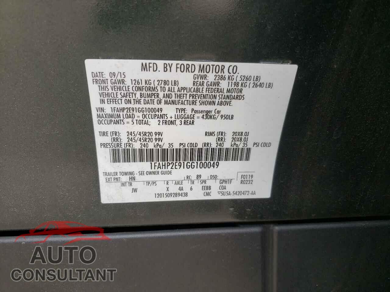 FORD TAURUS 2016 - 1FAHP2E91GG100049