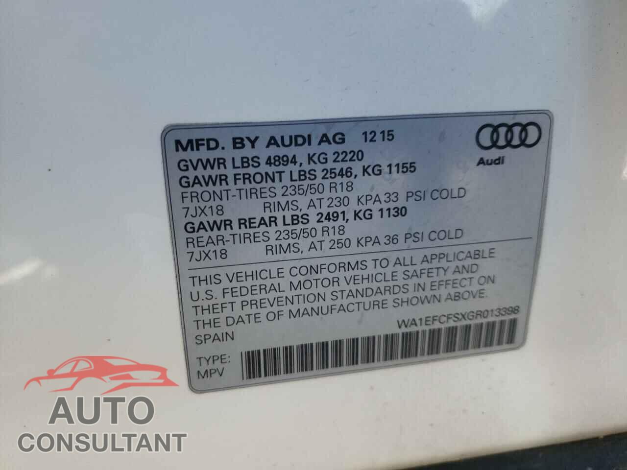 AUDI Q3 2016 - WA1EFCFSXGR013398