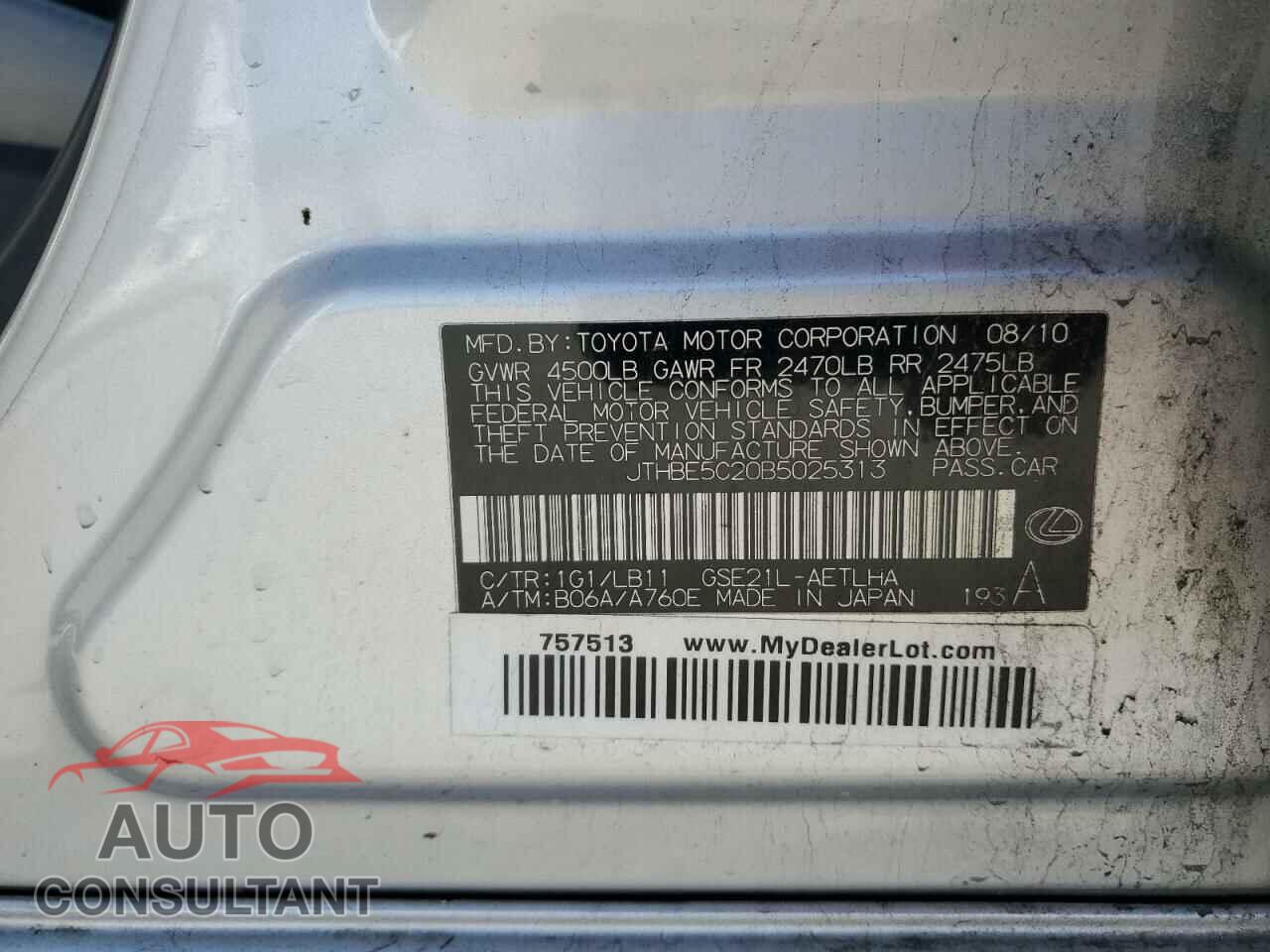 LEXUS IS 2011 - JTHBE5C20B5025313