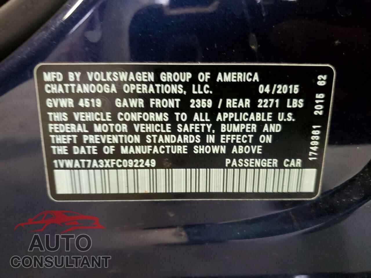 VOLKSWAGEN PASSAT 2015 - 1VWAT7A3XFC092249