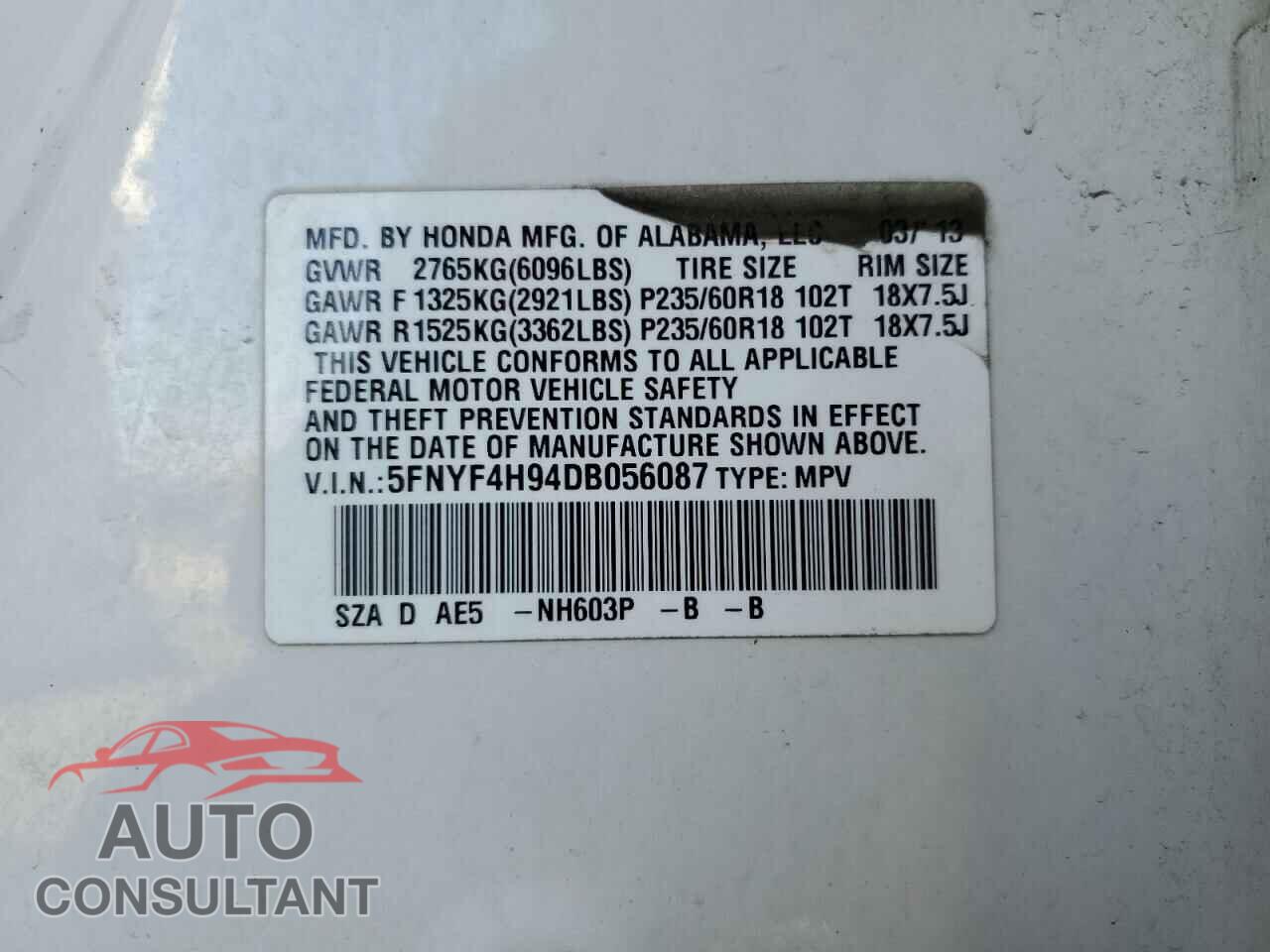 HONDA PILOT 2013 - 5FNYF4H94DB056087