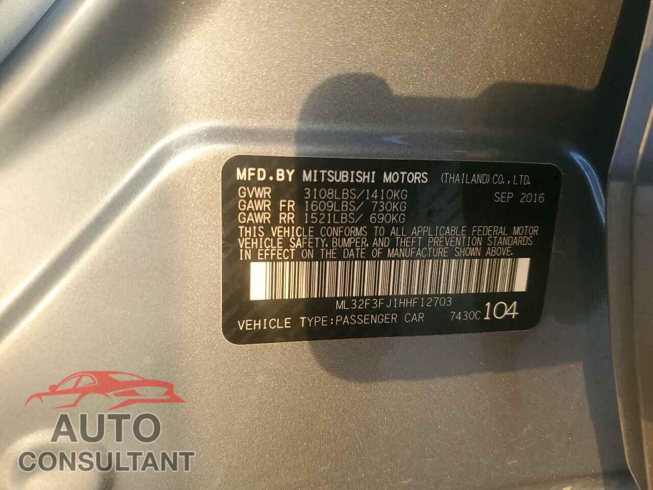 MITSUBISHI MIRAGE 2017 - ML32F3FJ1HHF12703