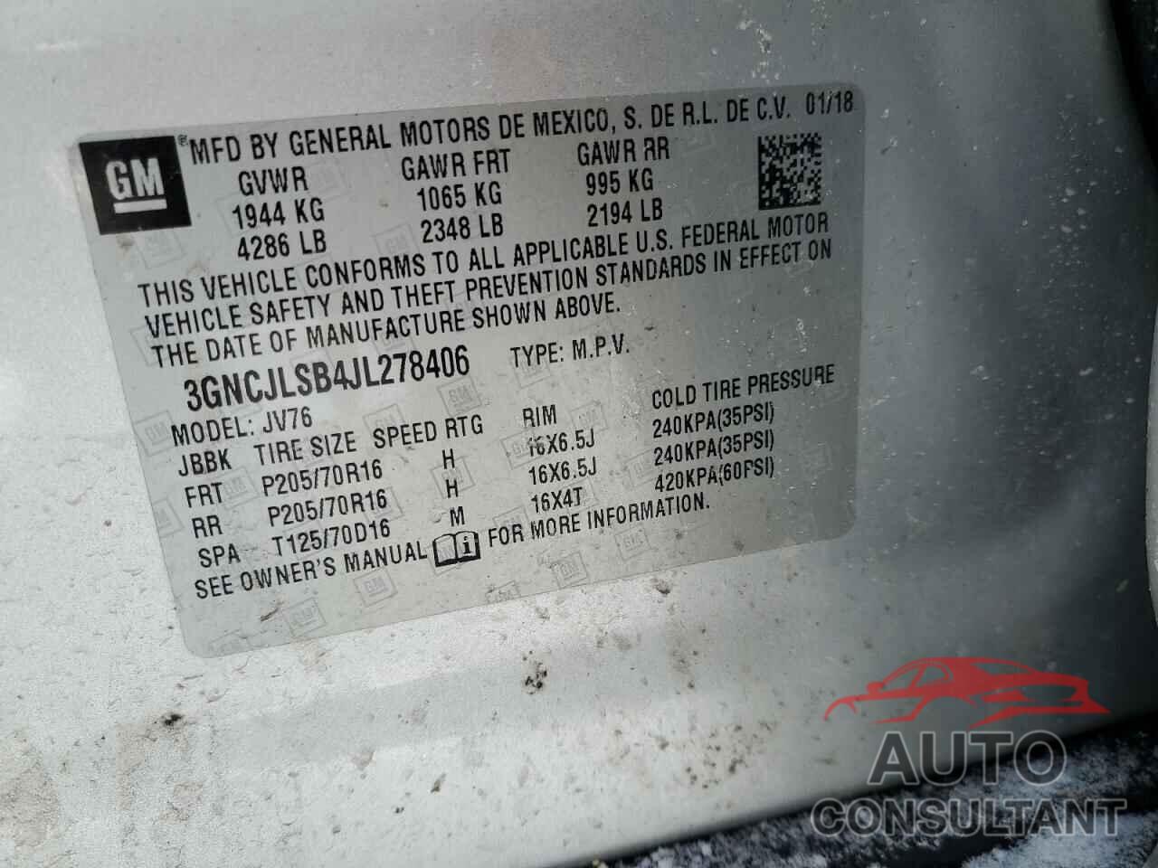 CHEVROLET TRAX 2018 - 3GNCJLSB4JL278406