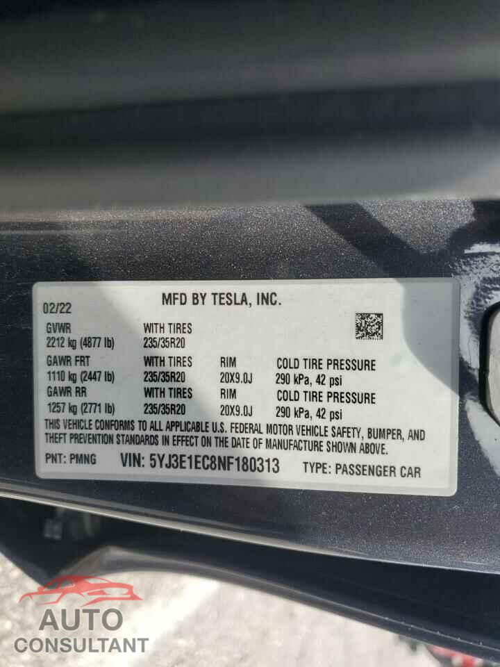 TESLA MODEL 3 2022 - 5YJ3E1EC8NF180313