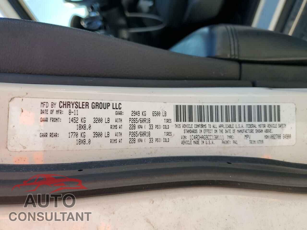 DODGE DURANGO 2012 - 1C4RDHAG9CC130111