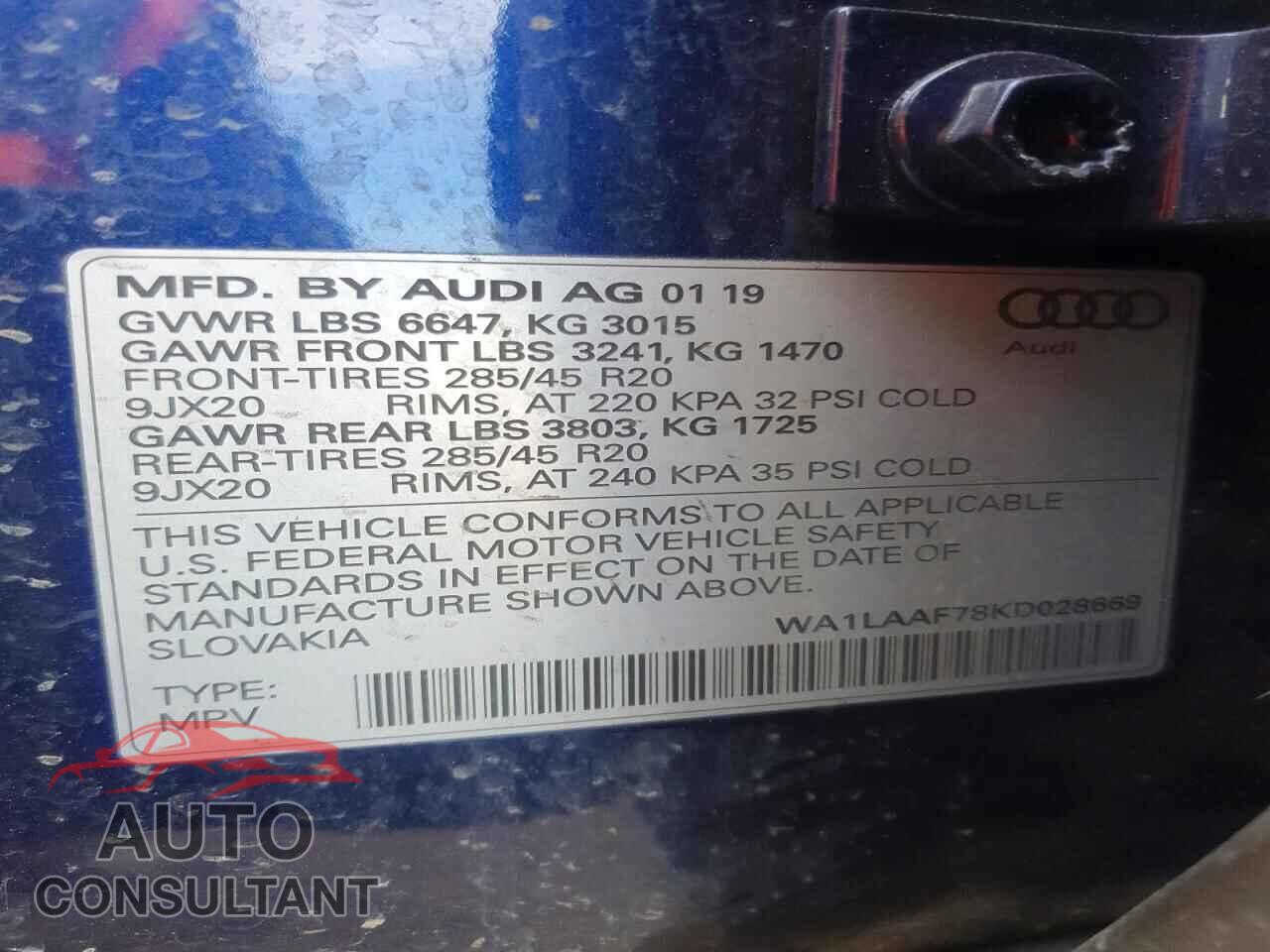 AUDI Q7 2019 - WA1LAAF78KD028669