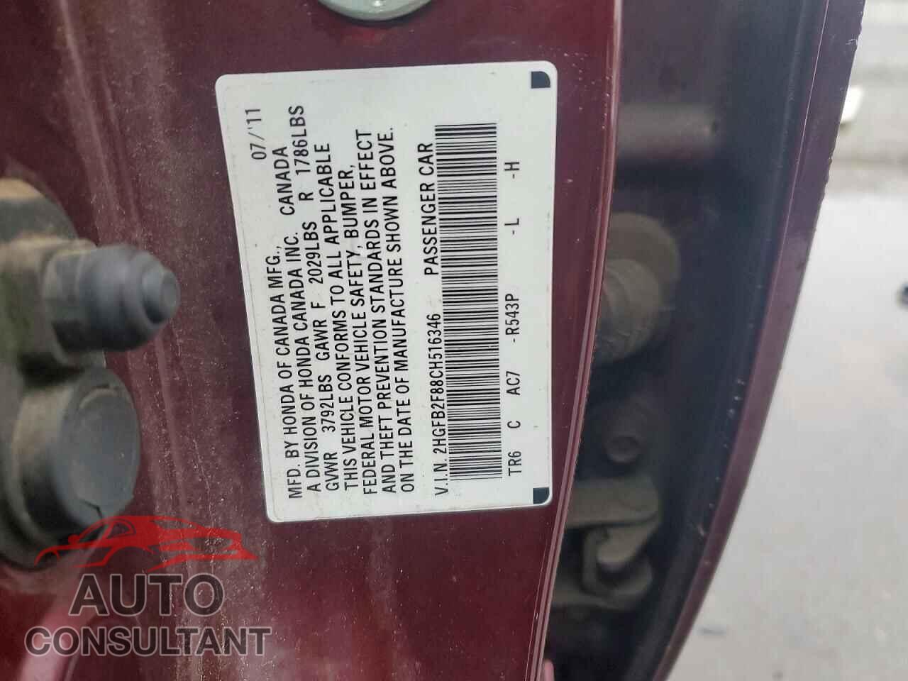 HONDA CIVIC 2012 - 2HGFB2F88CH516346