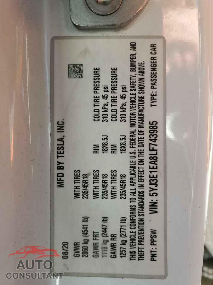 TESLA MODEL 3 2020 - 5YJ3E1EA8LF743985