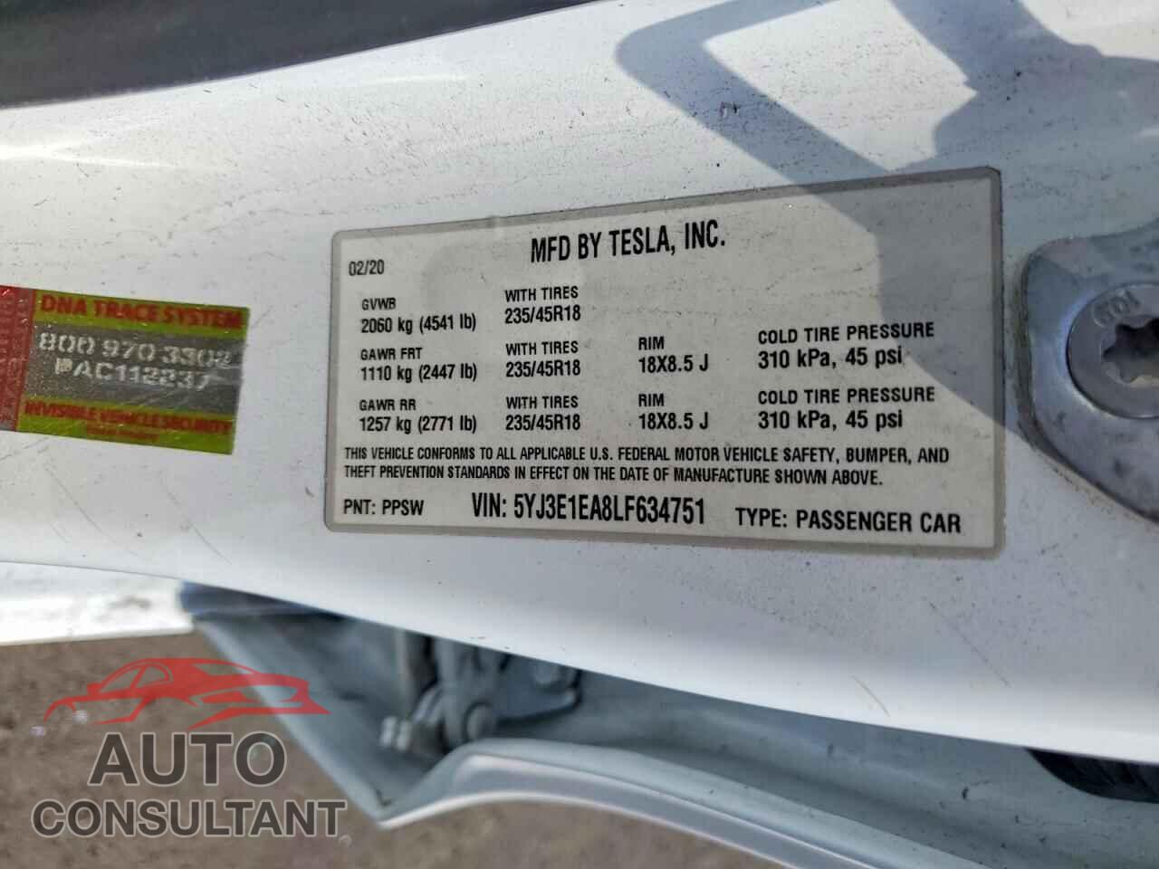 TESLA MODEL 3 2020 - 5YJ3E1EA8LF634751
