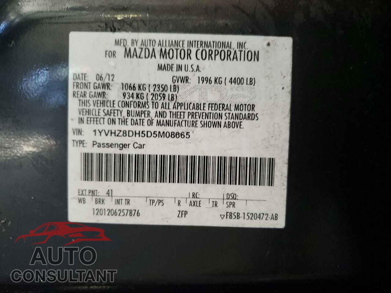MAZDA 6 2013 - 1YVHZ8DH5D5M08665