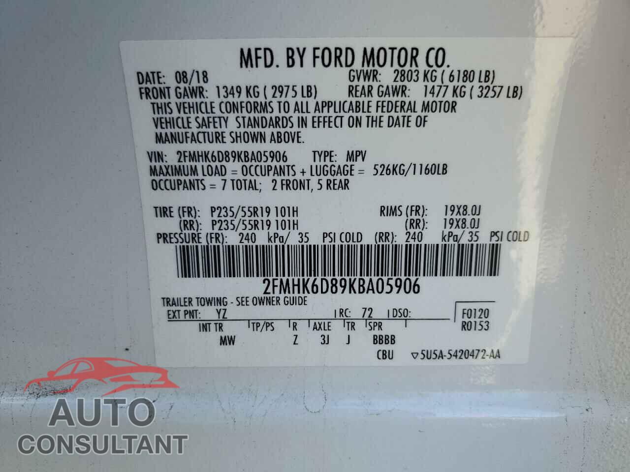 FORD FLEX 2019 - 2FMHK6D89KBA05906