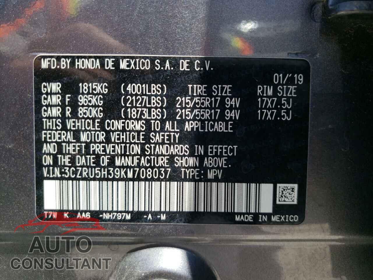 HONDA HR-V 2019 - 3CZRU5H39KM708037