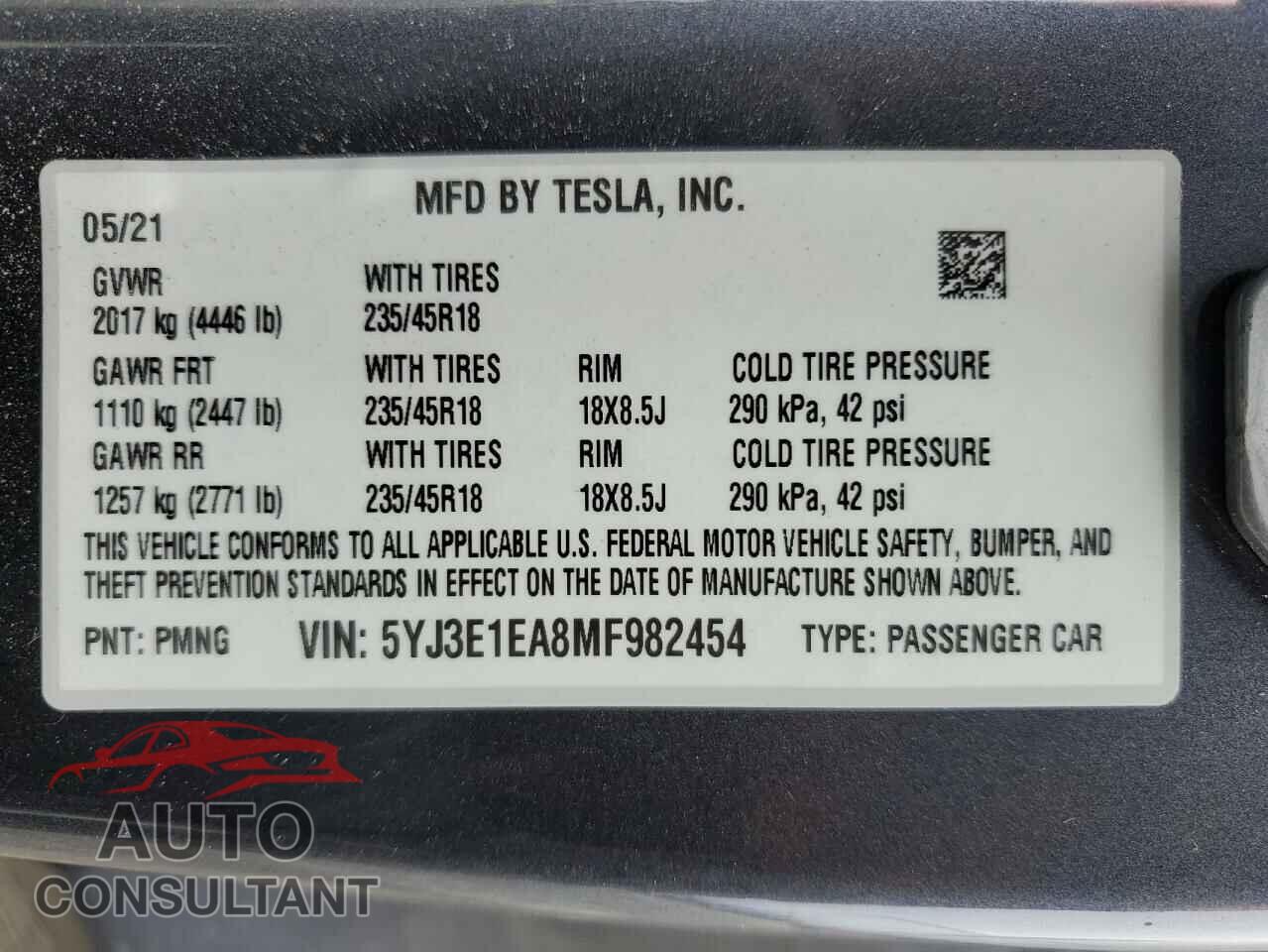 TESLA MODEL 3 2021 - 5YJ3E1EA8MF982454