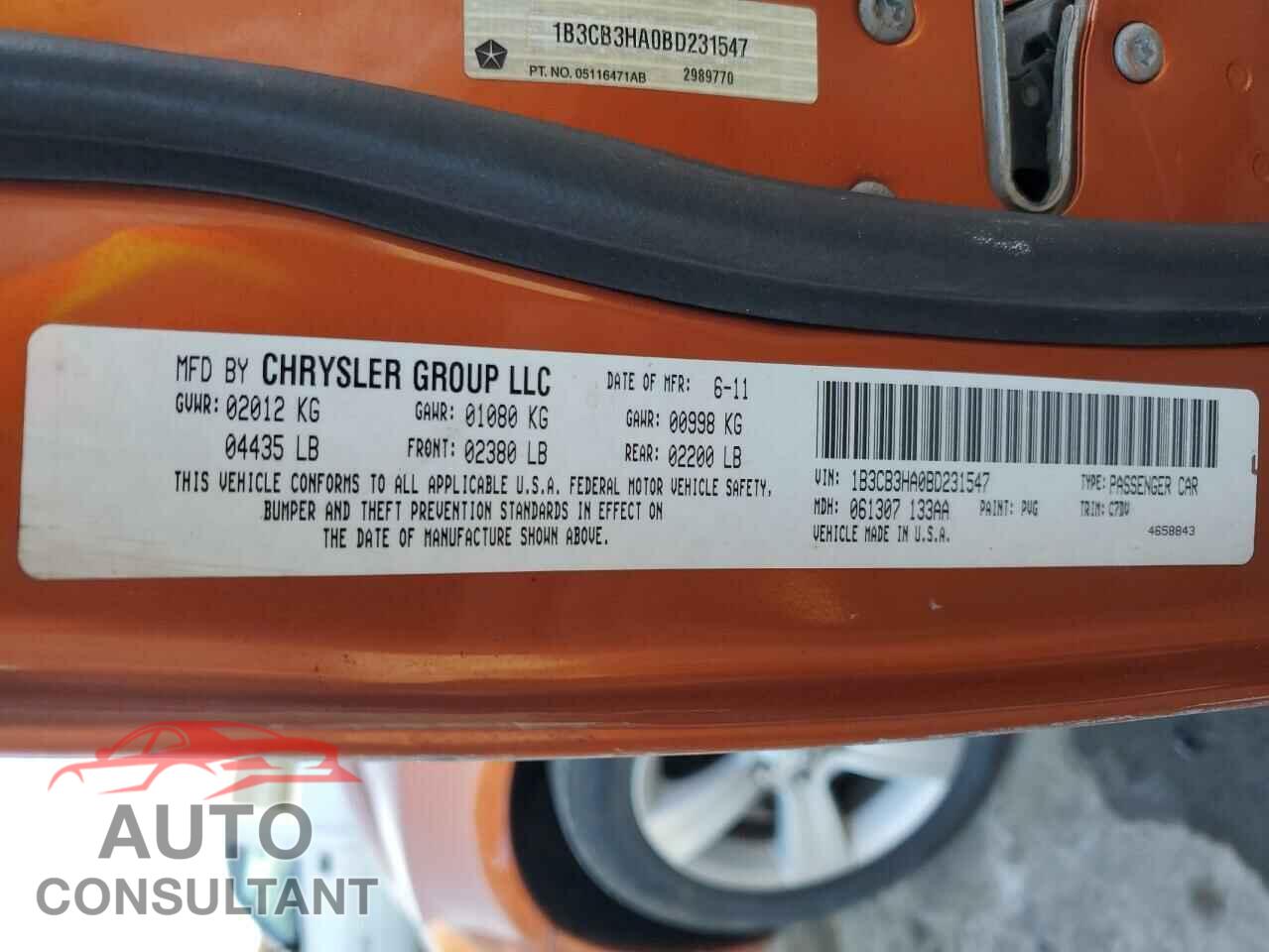DODGE CALIBER 2011 - 1B3CB3HA0BD231547
