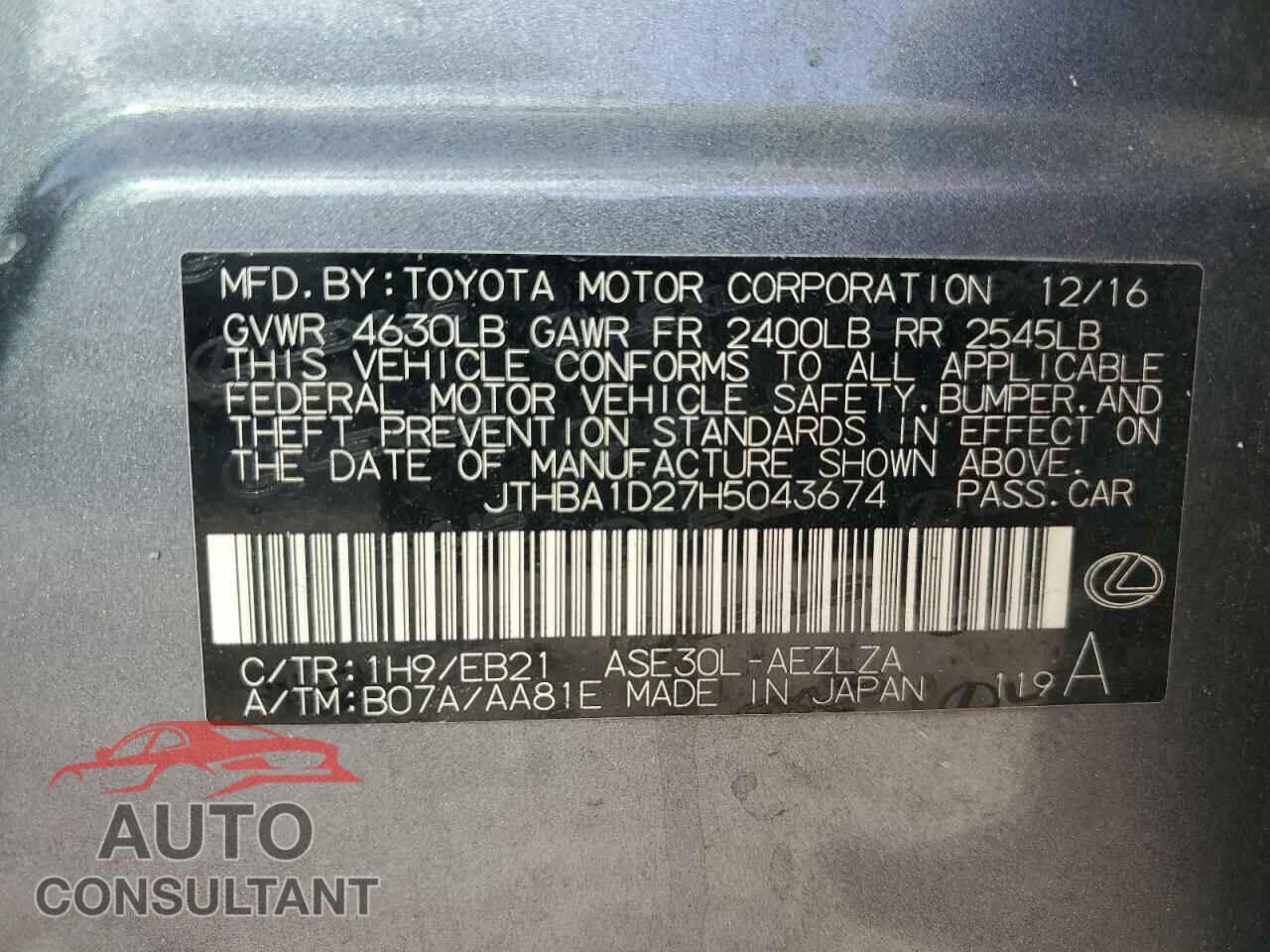 LEXUS IS 2017 - JTHBA1D27H5043674