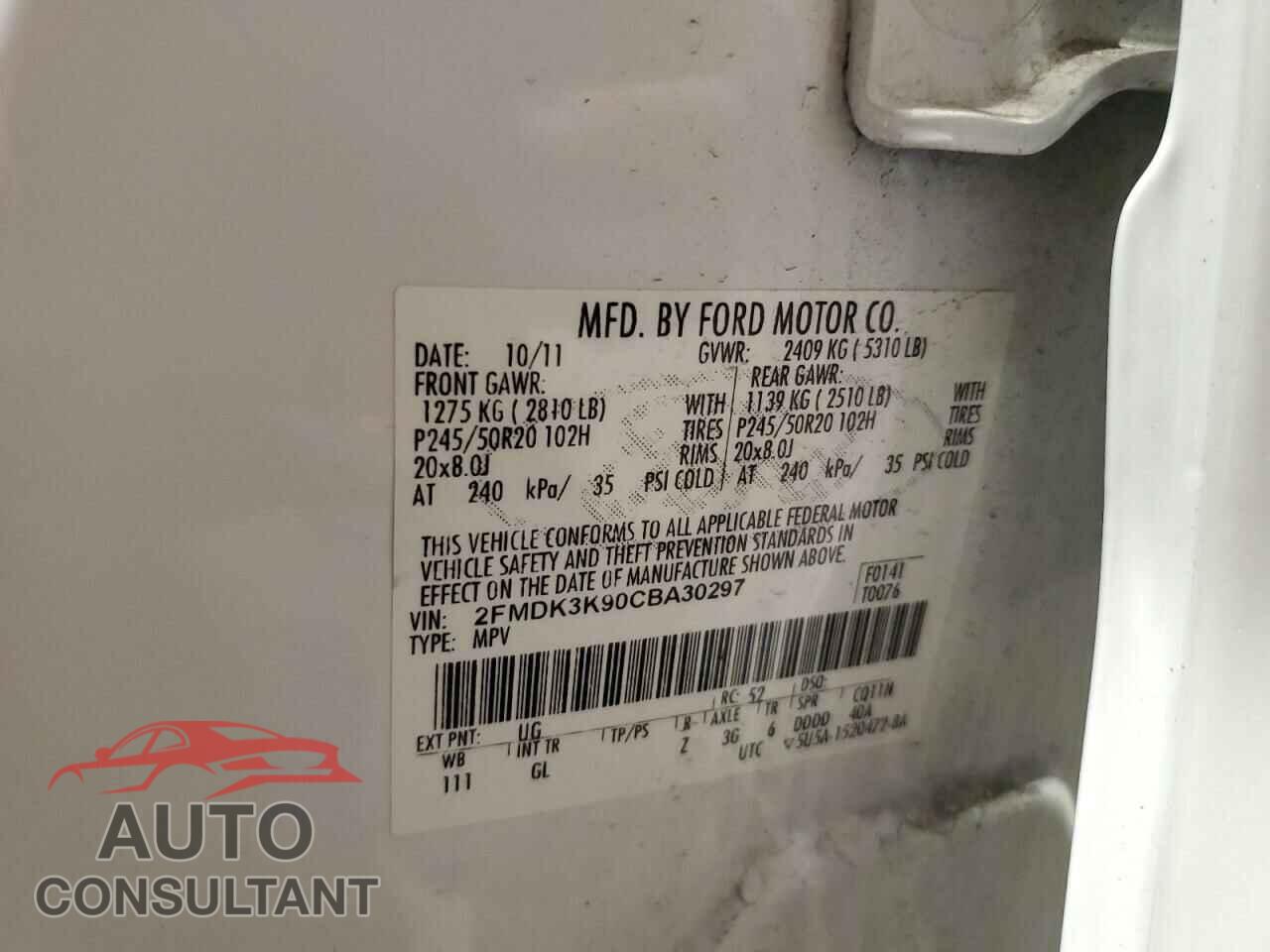 FORD EDGE 2012 - 2FMDK3K90CBA30297