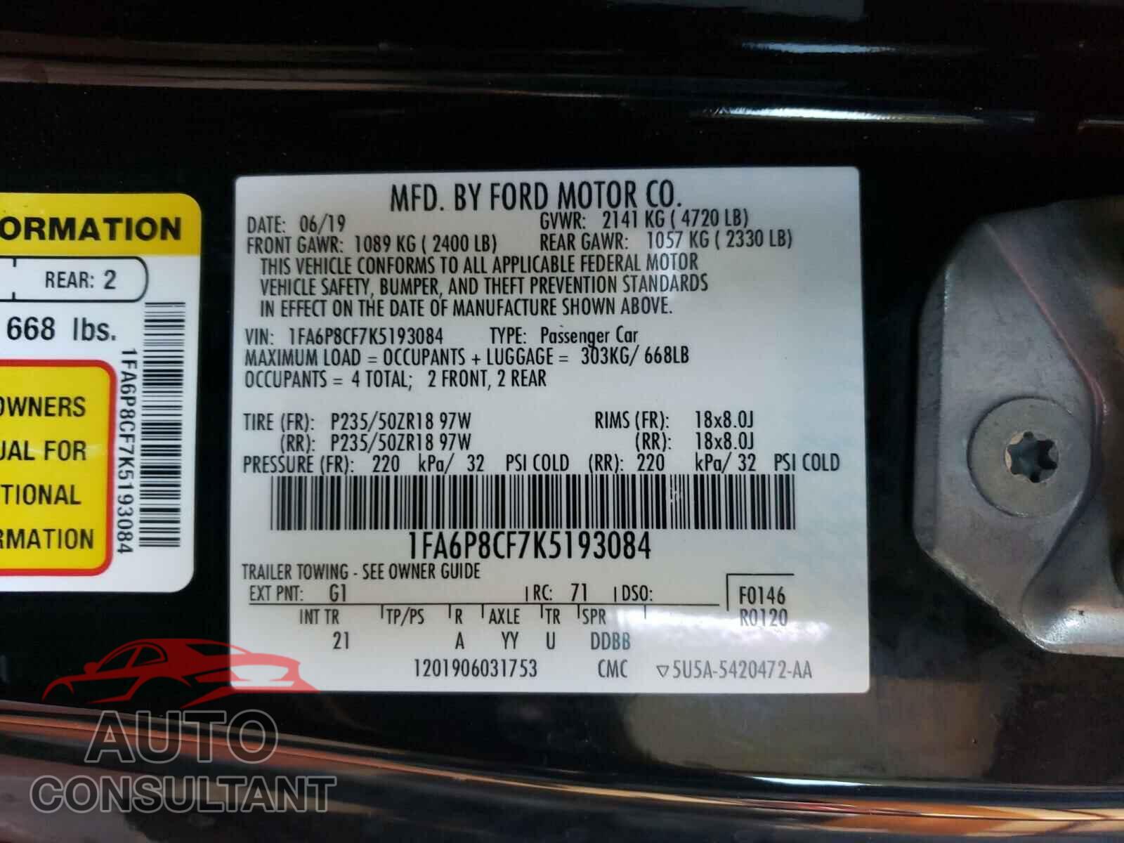 FORD MUSTANG 2019 - 1FA6P8CF7K5193084